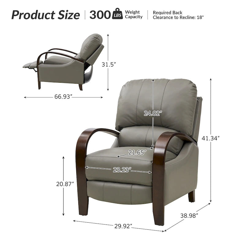 Fauteuil inclinable manuel Alex Mid-century Modern Cigar en cuir véritable avec accoudoirs incurvés en bois, lot de 2