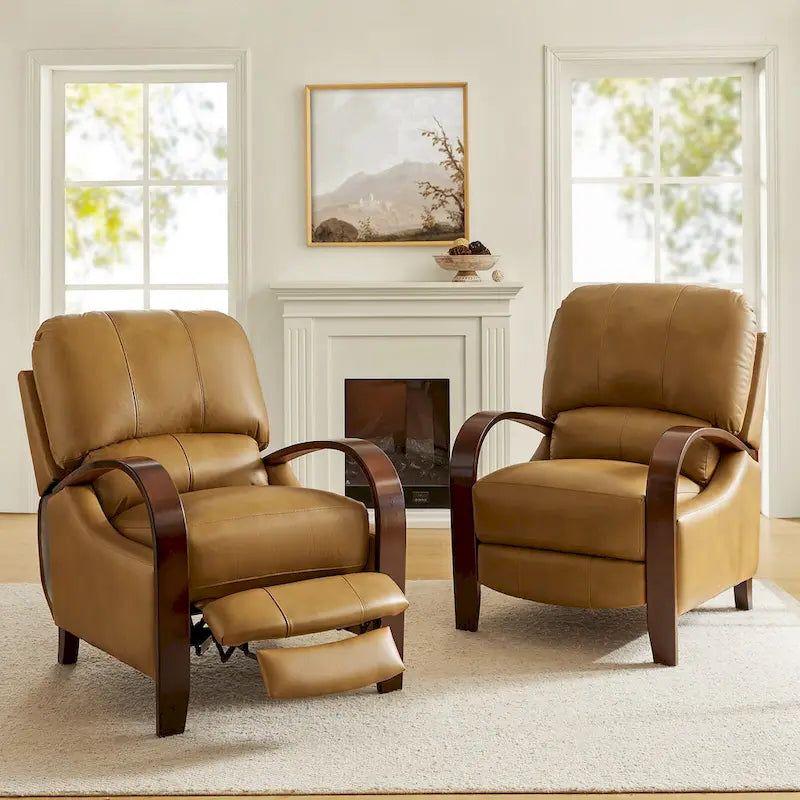 Fauteuil inclinable manuel Alex Mid-century Modern Cigar en cuir véritable avec accoudoirs incurvés en bois, lot de 2