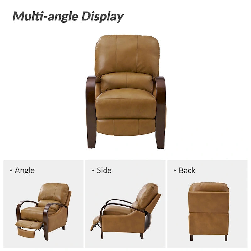 Fauteuil inclinable manuel Alex Mid-century Modern Cigar en cuir véritable avec accoudoirs incurvés en bois, lot de 2