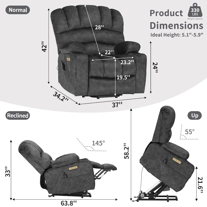 Fauteuil inclinable releveur électrique, fauteuil inclinable grand dossier coquille avec massage et chauffage pour personnes âgées