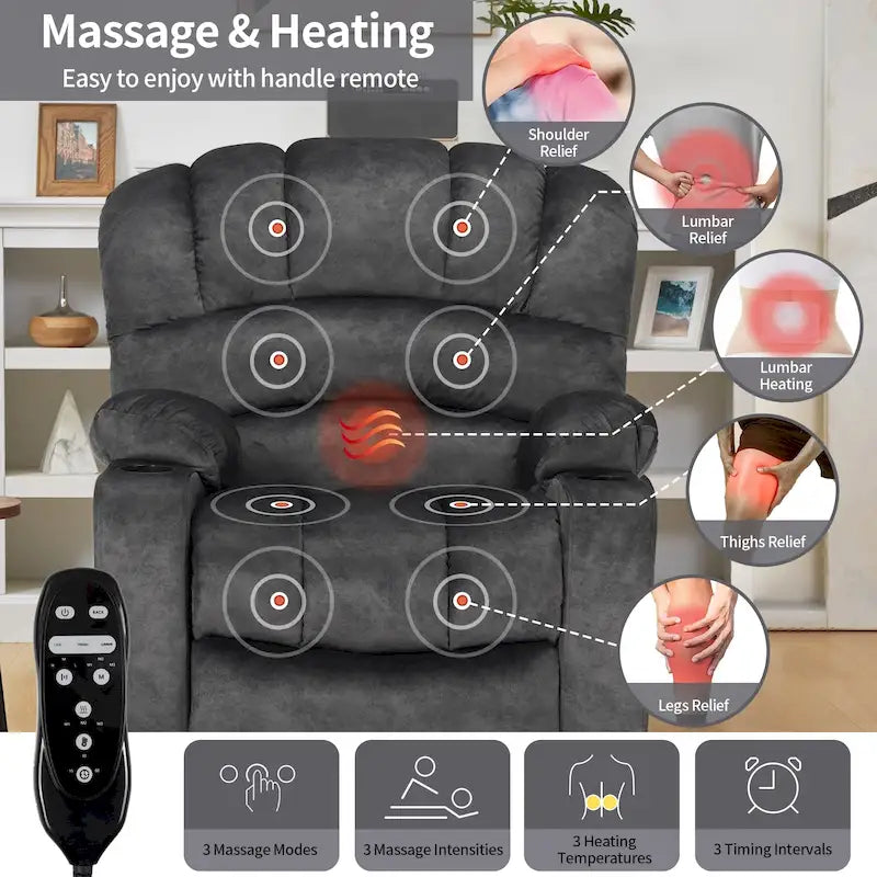 Fauteuil inclinable releveur électrique, fauteuil inclinable grand dossier coquille avec massage et chauffage pour personnes âgées