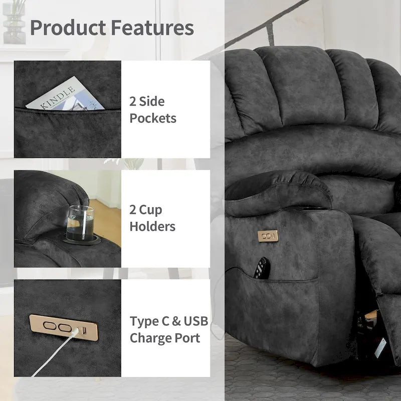 Fauteuil inclinable releveur électrique, fauteuil inclinable grand dossier coquille avec massage et chauffage pour personnes âgées