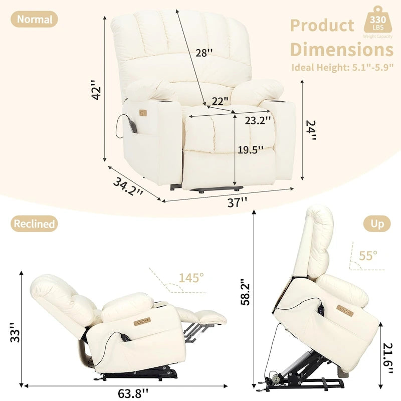 Fauteuil inclinable releveur électrique, fauteuil inclinable grand dossier coquille avec massage et chauffage pour personnes âgées