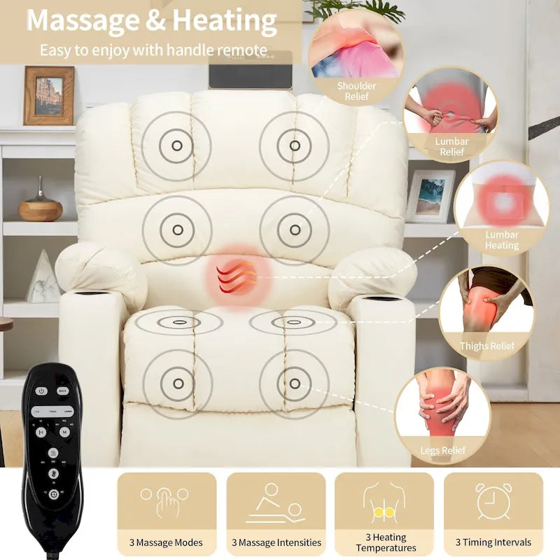 Fauteuil inclinable releveur électrique, fauteuil inclinable grand dossier coquille avec massage et chauffage pour personnes âgées