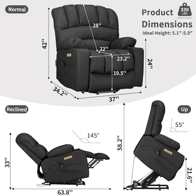Fauteuil inclinable releveur électrique, fauteuil inclinable grand dossier coquille avec massage et chauffage pour personnes âgées