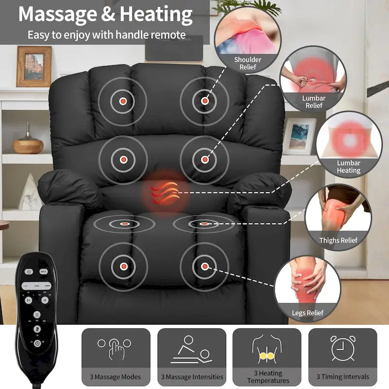 Fauteuil inclinable releveur électrique, fauteuil inclinable grand dossier coquille avec massage et chauffage pour personnes âgées