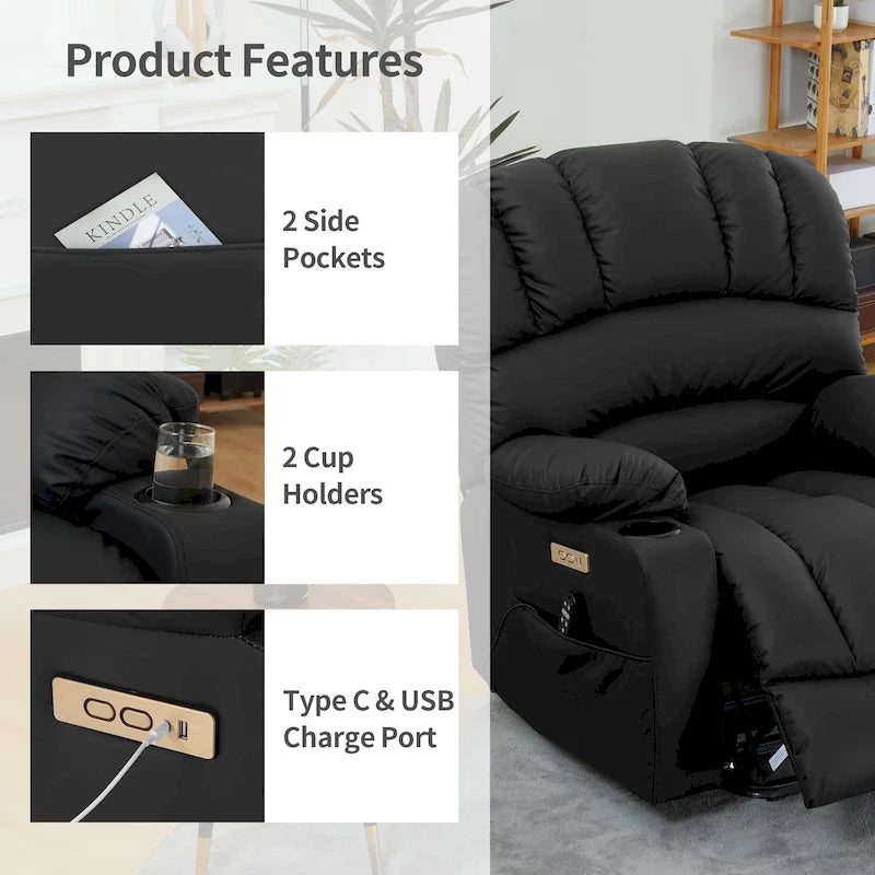 Fauteuil inclinable releveur électrique, fauteuil inclinable grand dossier coquille avec massage et chauffage pour personnes âgées