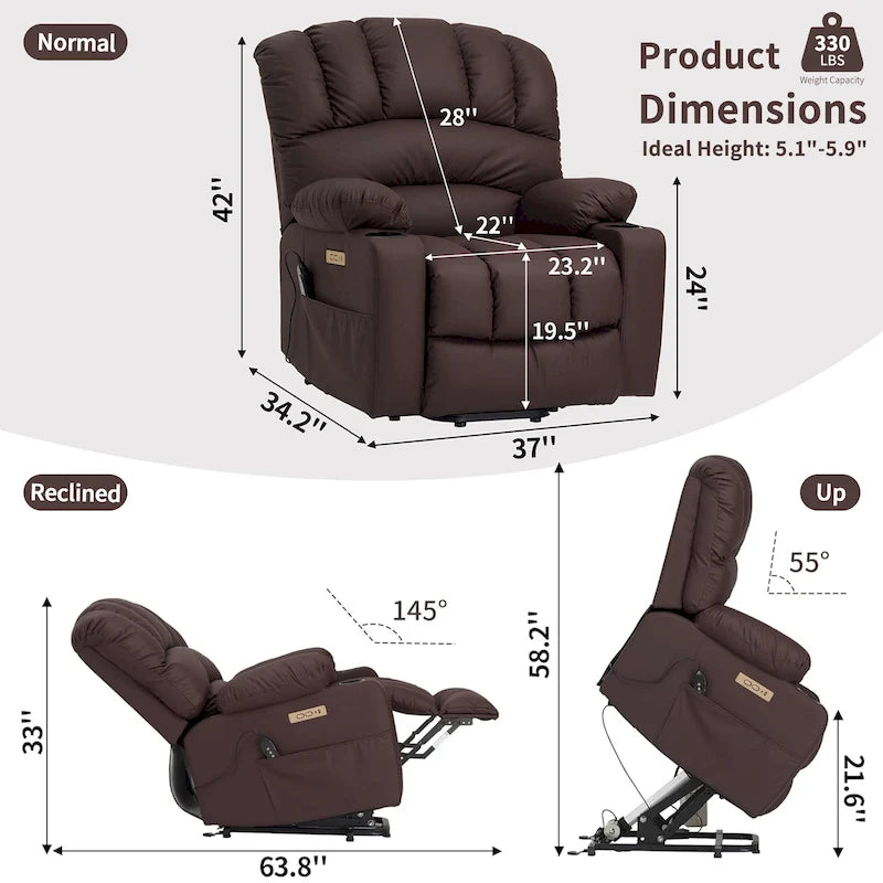 Fauteuil inclinable releveur électrique, fauteuil inclinable grand dossier coquille avec massage et chauffage pour personnes âgées