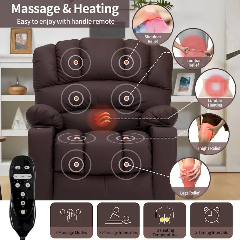 Fauteuil inclinable releveur électrique, fauteuil inclinable grand dossier coquille avec massage et chauffage pour personnes âgées