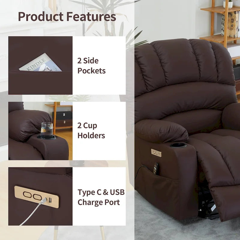 Fauteuil inclinable releveur électrique, fauteuil inclinable grand dossier coquille avec massage et chauffage pour personnes âgées