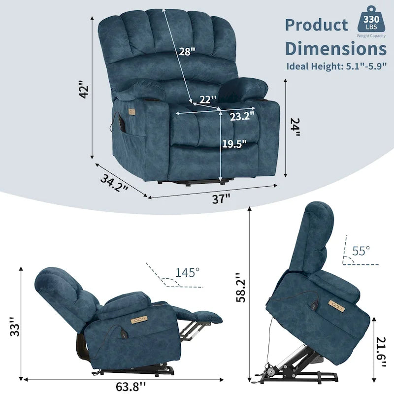 Fauteuil inclinable releveur électrique, fauteuil inclinable grand dossier coquille avec massage et chauffage pour personnes âgées