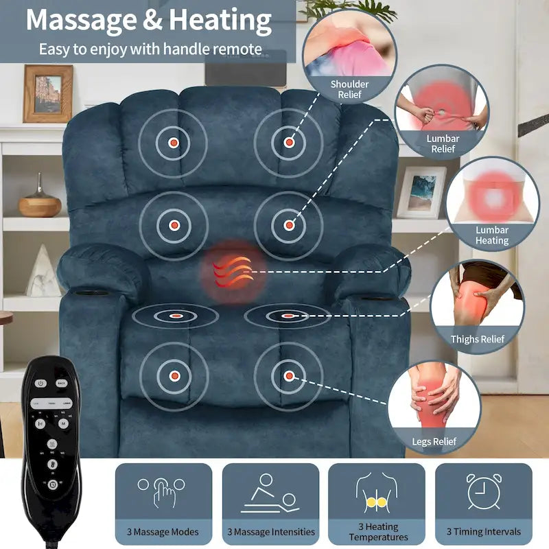 Fauteuil inclinable releveur électrique, fauteuil inclinable grand dossier coquille avec massage et chauffage pour personnes âgées