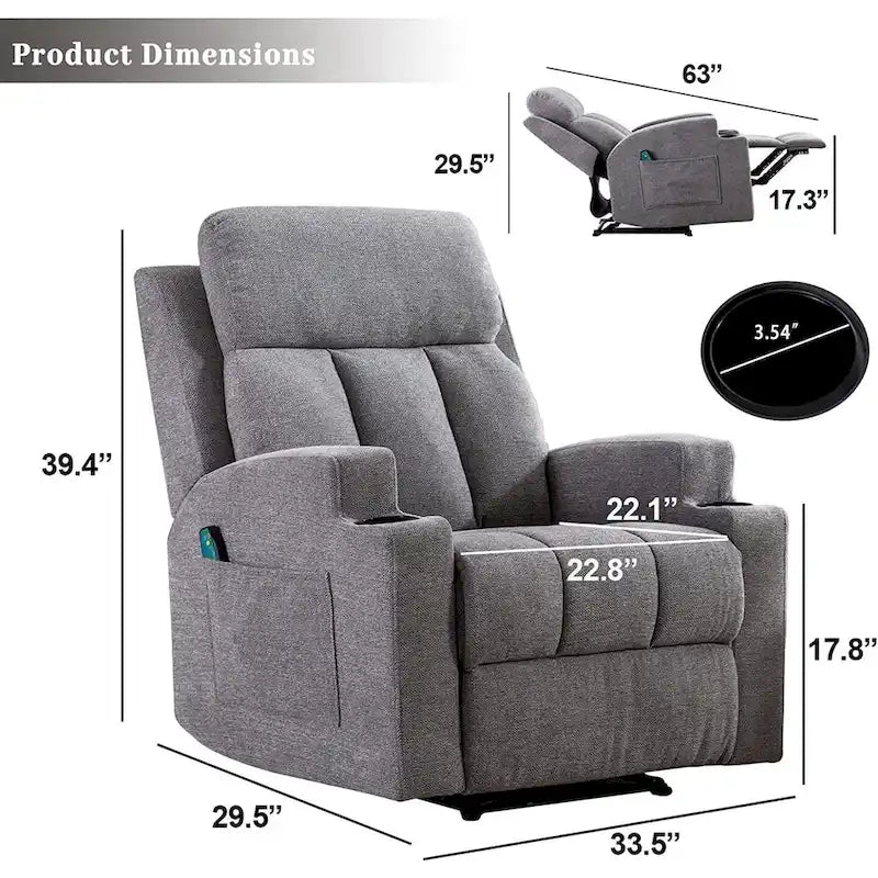 Fauteuil de relaxation manuel avec fonction massage et chauffage, 2 porte-gobelets, en tissu respirant