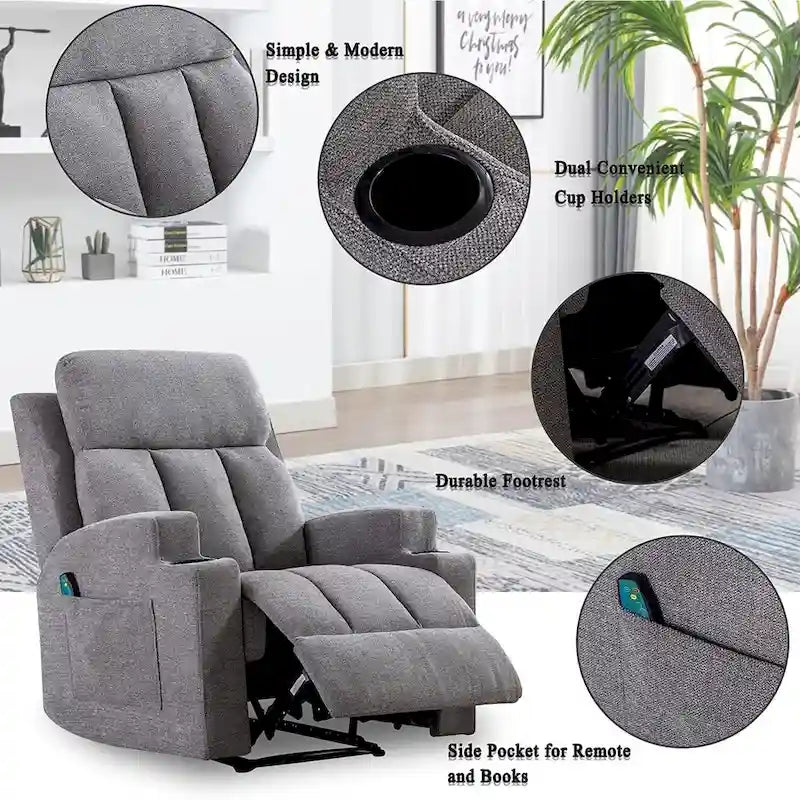 Fauteuil de relaxation manuel avec fonction massage et chauffage, 2 porte-gobelets, en tissu respirant