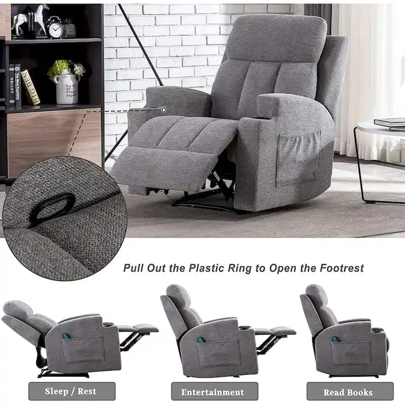Fauteuil de relaxation manuel avec fonction massage et chauffage, 2 porte-gobelets, en tissu respirant