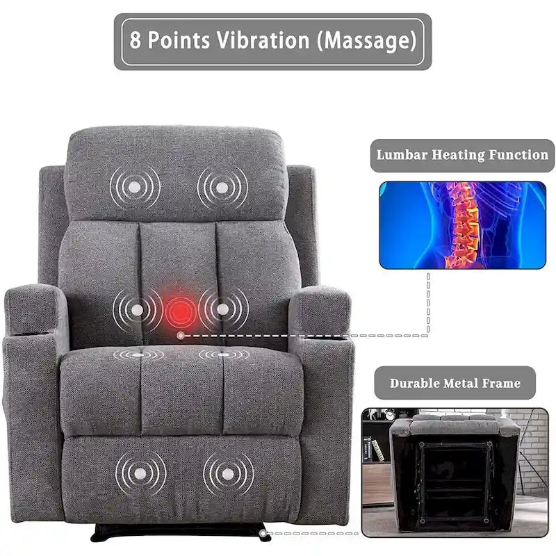 Fauteuil de relaxation manuel avec fonction massage et chauffage, 2 porte-gobelets, en tissu respirant