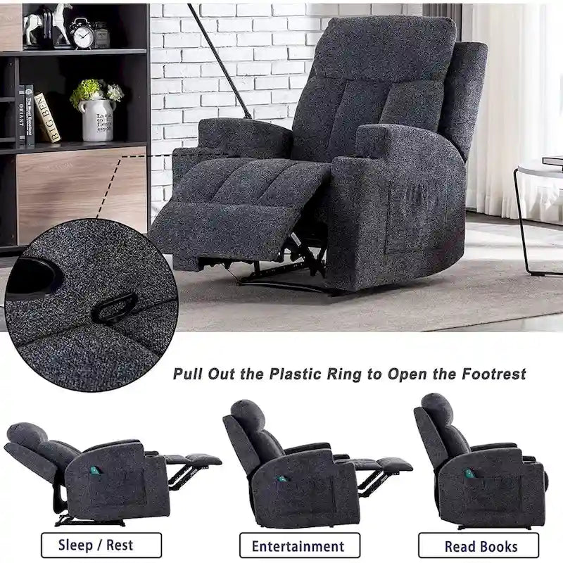 Fauteuil de relaxation manuel avec fonction massage et chauffage, 2 porte-gobelets, en tissu respirant