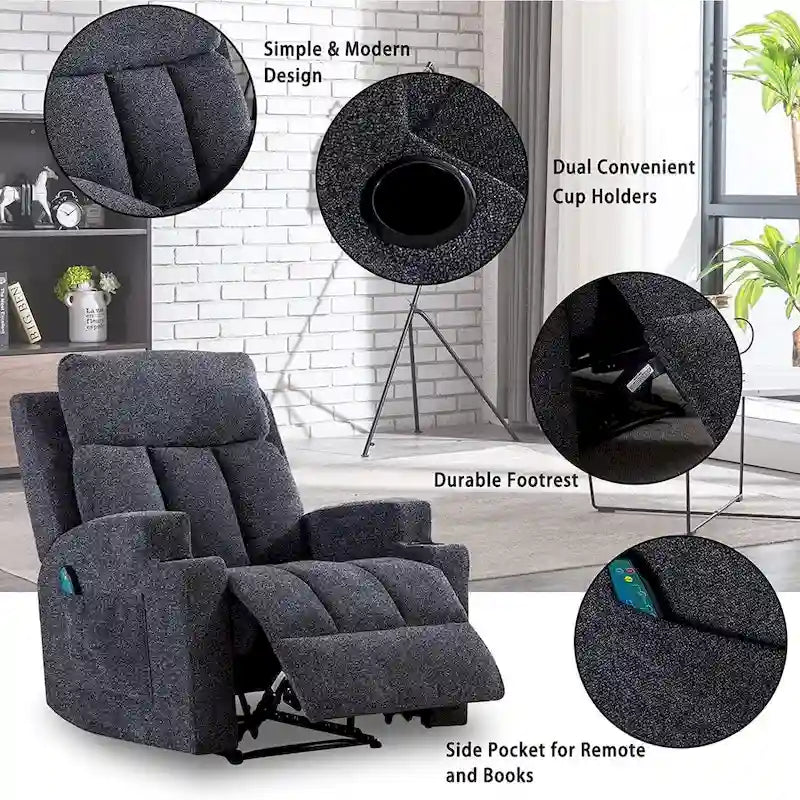 Fauteuil de relaxation manuel avec fonction massage et chauffage, 2 porte-gobelets, en tissu respirant