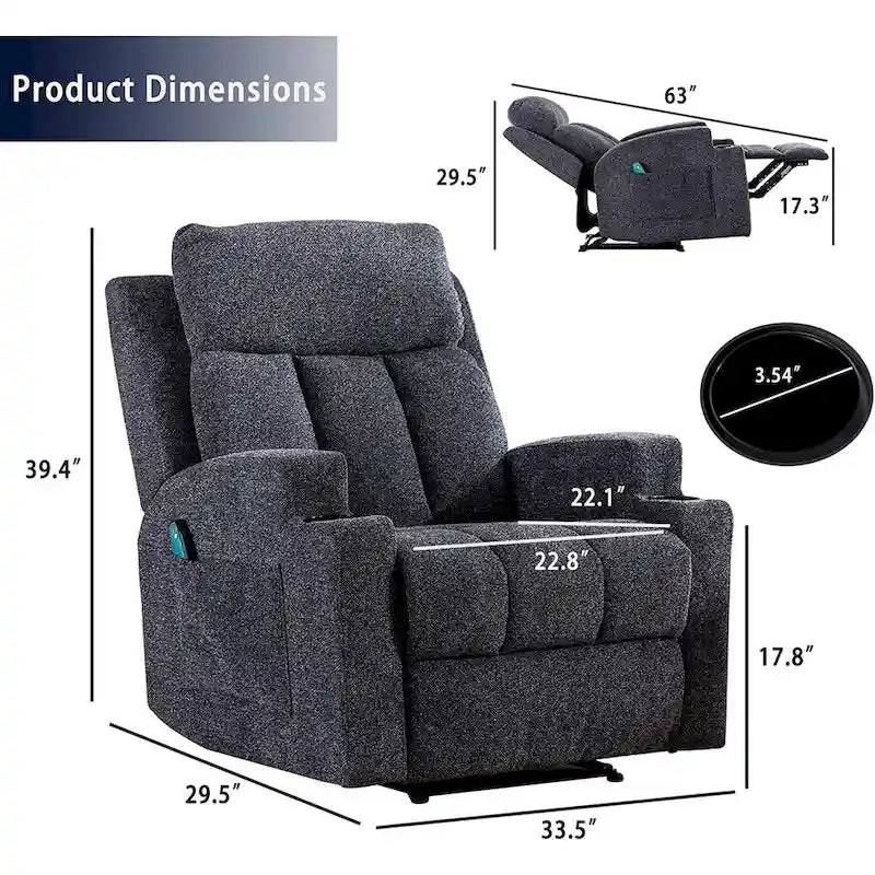 Fauteuil de relaxation manuel avec fonction massage et chauffage, 2 porte-gobelets, en tissu respirant