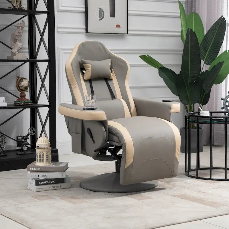 Fauteuil inclinable manuel HOMCOM en cuir PU avec repose-pieds réglable, fonction d'inclinaison à 135°, pivotant à 360°, porte-gobelet