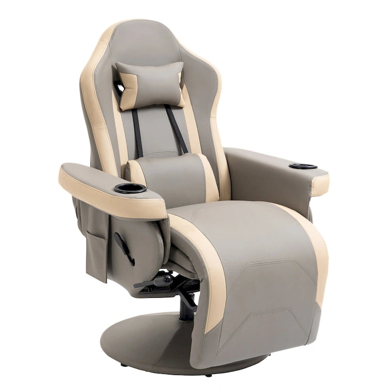 Fauteuil inclinable manuel HOMCOM en cuir PU avec repose-pieds réglable, fonction d'inclinaison à 135°, pivotant à 360°, porte-gobelet