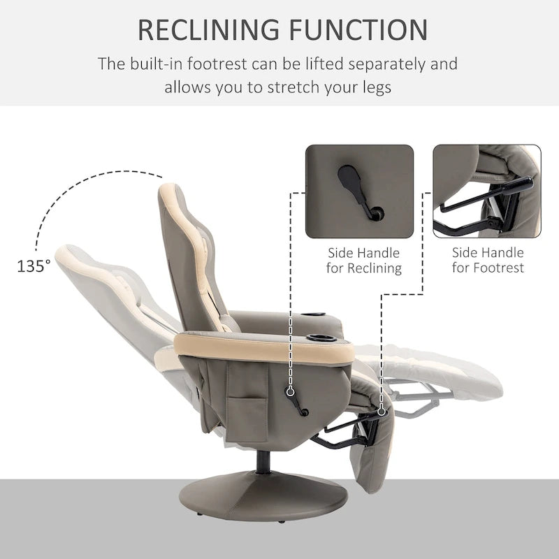 Fauteuil inclinable manuel HOMCOM en cuir PU avec repose-pieds réglable, fonction d'inclinaison à 135°, pivotant à 360°, porte-gobelet