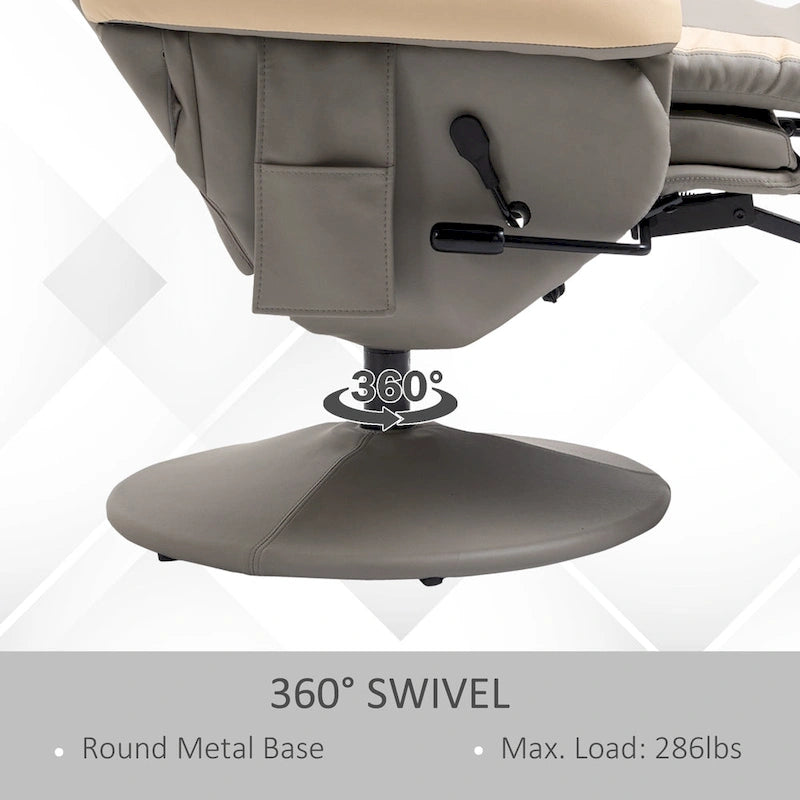 Fauteuil inclinable manuel HOMCOM en cuir PU avec repose-pieds réglable, fonction d'inclinaison à 135°, pivotant à 360°, porte-gobelet