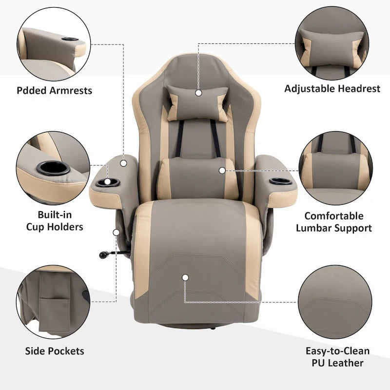 Fauteuil inclinable manuel HOMCOM en cuir PU avec repose-pieds réglable, fonction d'inclinaison à 135°, pivotant à 360°, porte-gobelet
