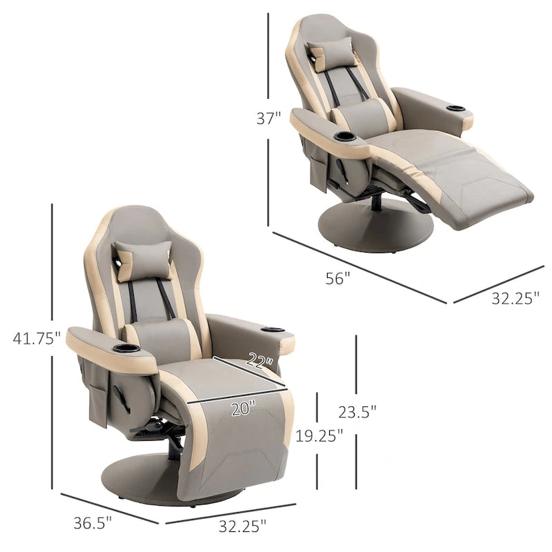 Fauteuil inclinable manuel HOMCOM en cuir PU avec repose-pieds réglable, fonction d'inclinaison à 135°, pivotant à 360°, porte-gobelet