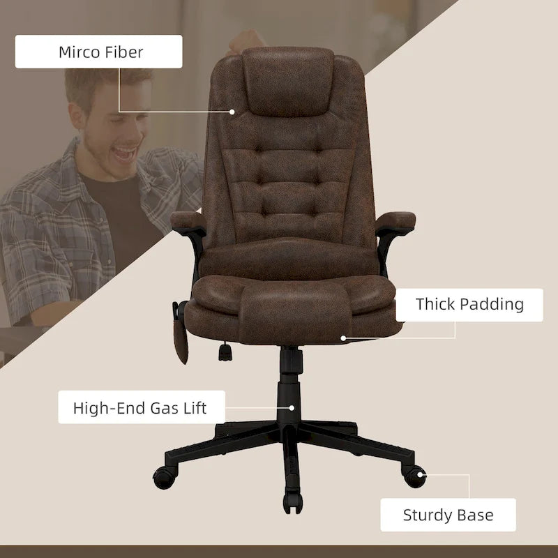 Chaise de bureau de massage vibrante HOMCOM 6 points avec chauffage, Fauteuil de direction à dossier haut en microfibre avec dossier inclinable