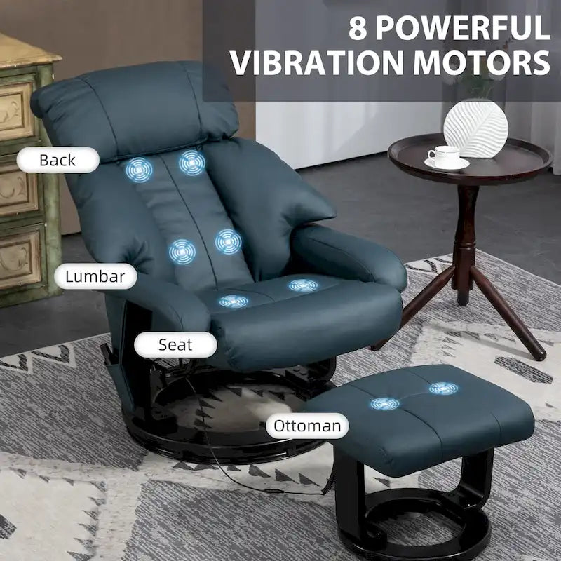 Fauteuil de massage inclinable HOMCOM avec pouf, fauteuil inclinable pivotant à 360° et repose-pieds, fauteuil inclinable en cuir PU, gris