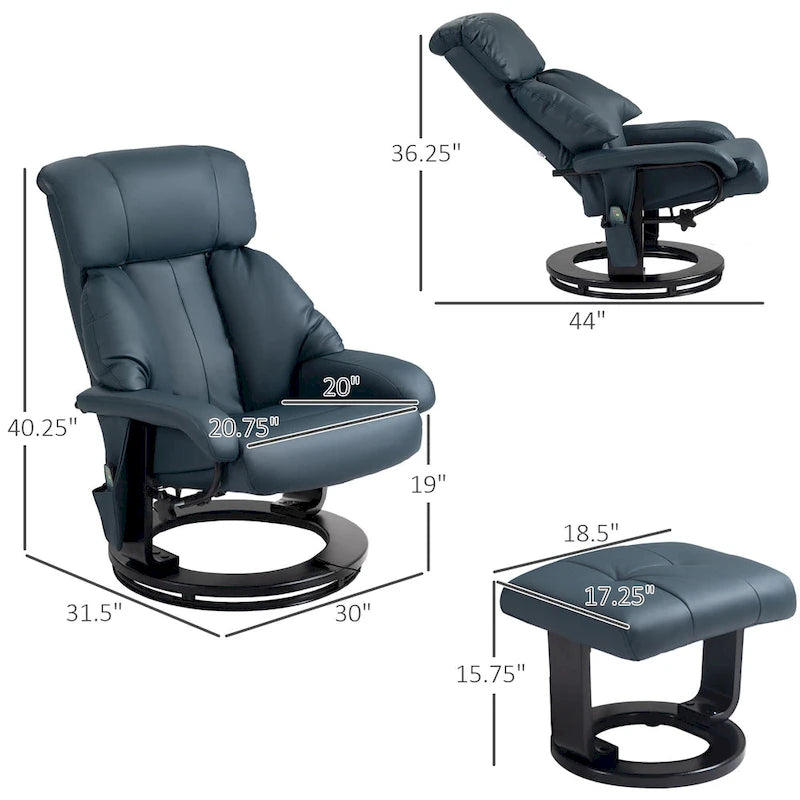 Fauteuil de massage inclinable HOMCOM avec pouf, fauteuil inclinable pivotant à 360° et repose-pieds, fauteuil inclinable en cuir PU, gris