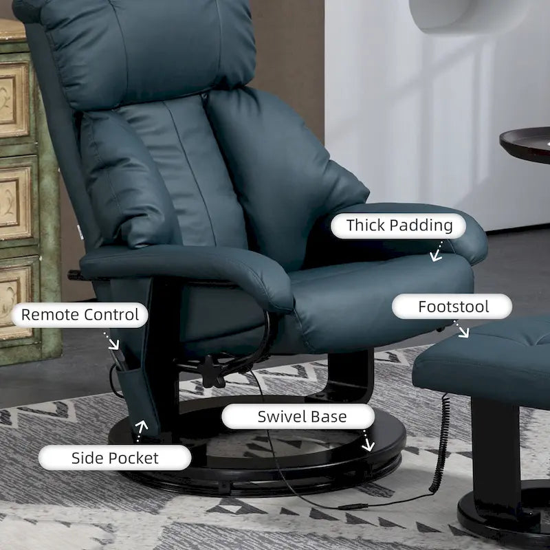 Fauteuil de massage inclinable HOMCOM avec pouf, fauteuil inclinable pivotant à 360° et repose-pieds, fauteuil inclinable en cuir PU, gris