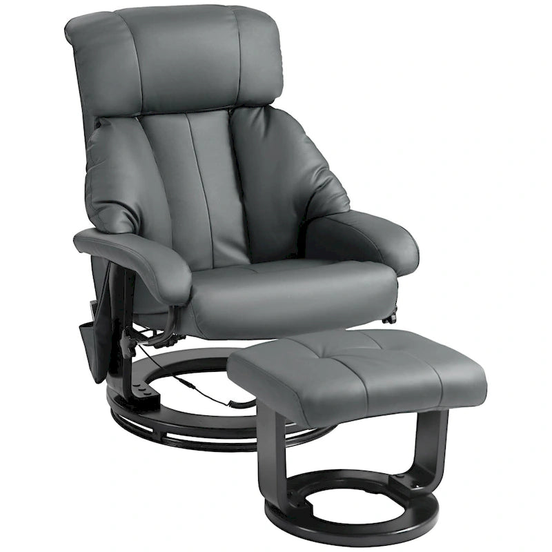 Fauteuil de massage inclinable HOMCOM avec pouf, fauteuil inclinable pivotant à 360° et repose-pieds, fauteuil inclinable en cuir PU, gris