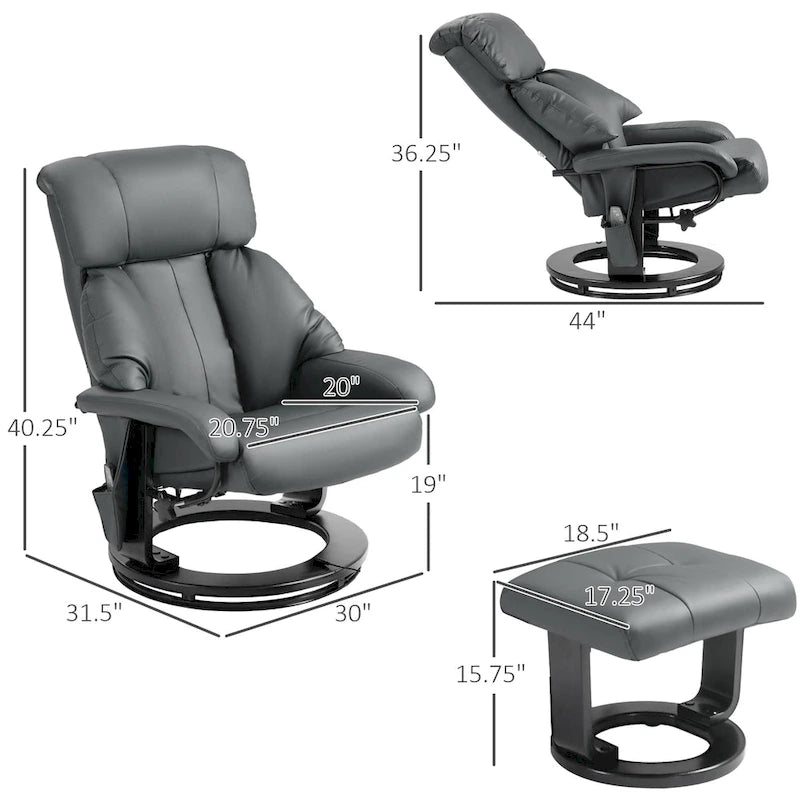 Fauteuil de massage inclinable HOMCOM avec pouf, fauteuil inclinable pivotant à 360° et repose-pieds, fauteuil inclinable en cuir PU, gris