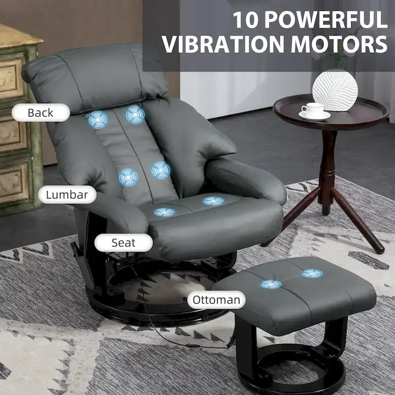 Fauteuil de massage inclinable HOMCOM avec pouf, fauteuil inclinable pivotant à 360° et repose-pieds, fauteuil inclinable en cuir PU, gris