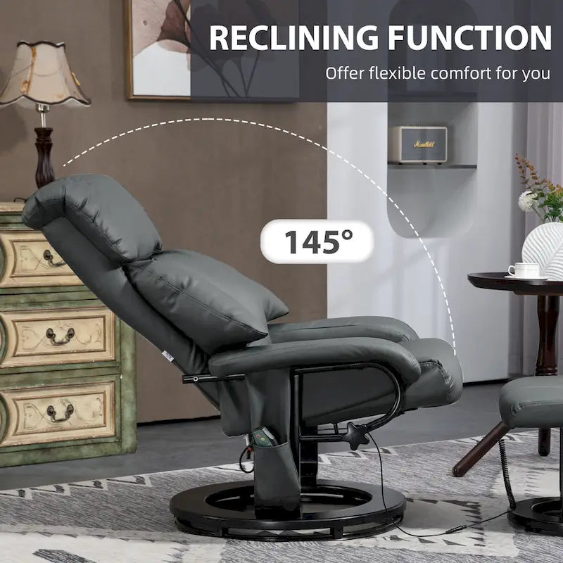 Fauteuil de massage inclinable HOMCOM avec pouf, fauteuil inclinable pivotant à 360° et repose-pieds, fauteuil inclinable en cuir PU, gris