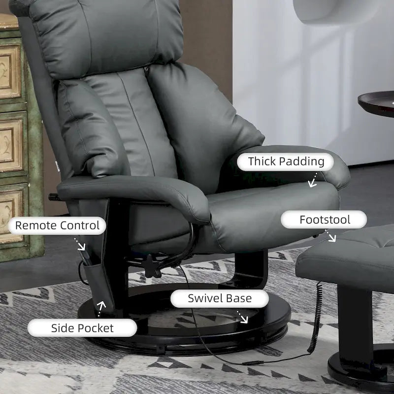 Fauteuil de massage inclinable HOMCOM avec pouf, fauteuil inclinable pivotant à 360° et repose-pieds, fauteuil inclinable en cuir PU, gris