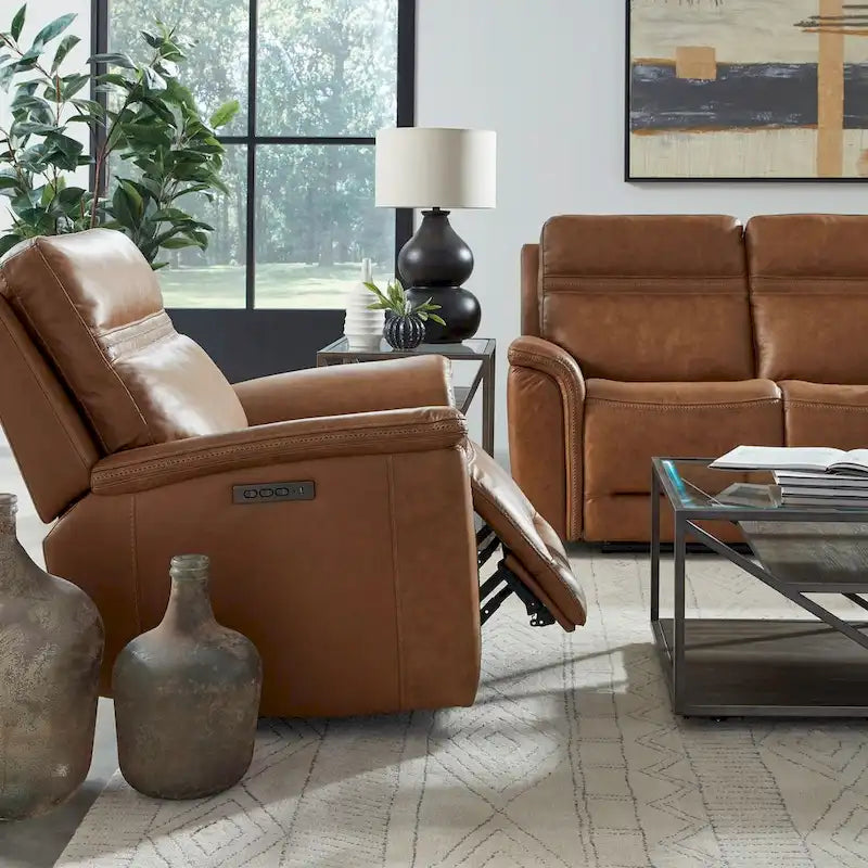 Fauteuil inclinable électrique en cuir Cooper - Camel