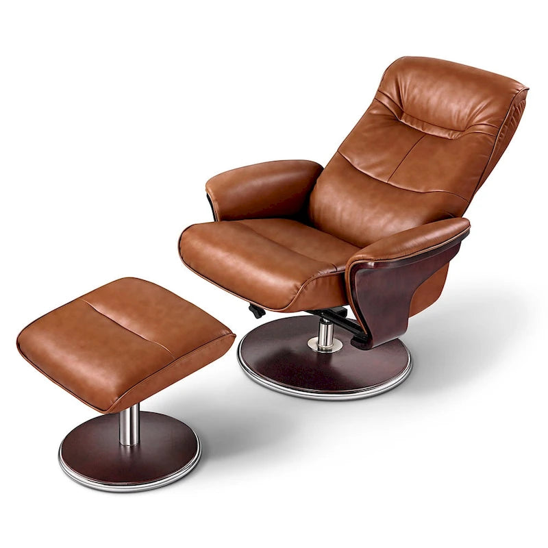 Fauteuil inclinable et pouf pivotants modernes en cuir marron Artiva USA 'Milano'