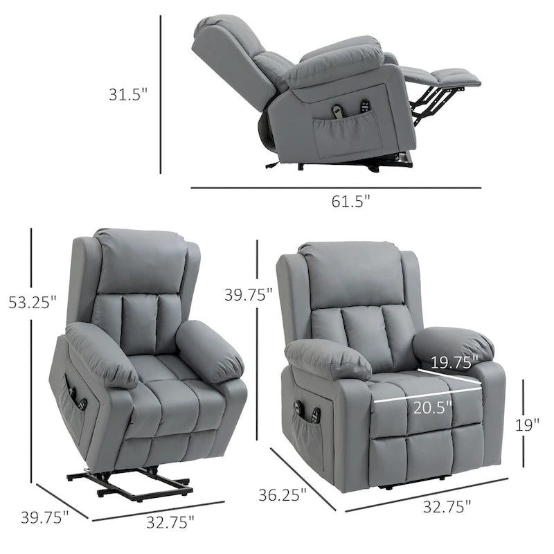 Fauteuil releveur électrique HOMCOM, Fauteuil inclinable en cuir PU pour personnes âgées avec massage par vibration, télécommande, poches latérales