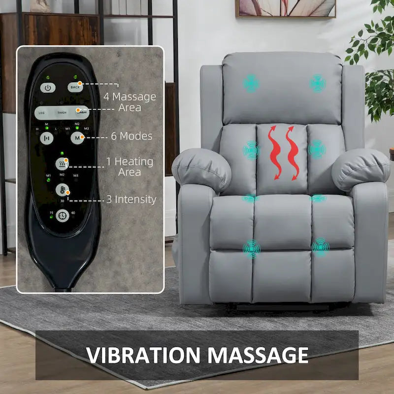 Fauteuil releveur électrique HOMCOM, Fauteuil inclinable en cuir PU pour personnes âgées avec massage par vibration, télécommande, poches latérales