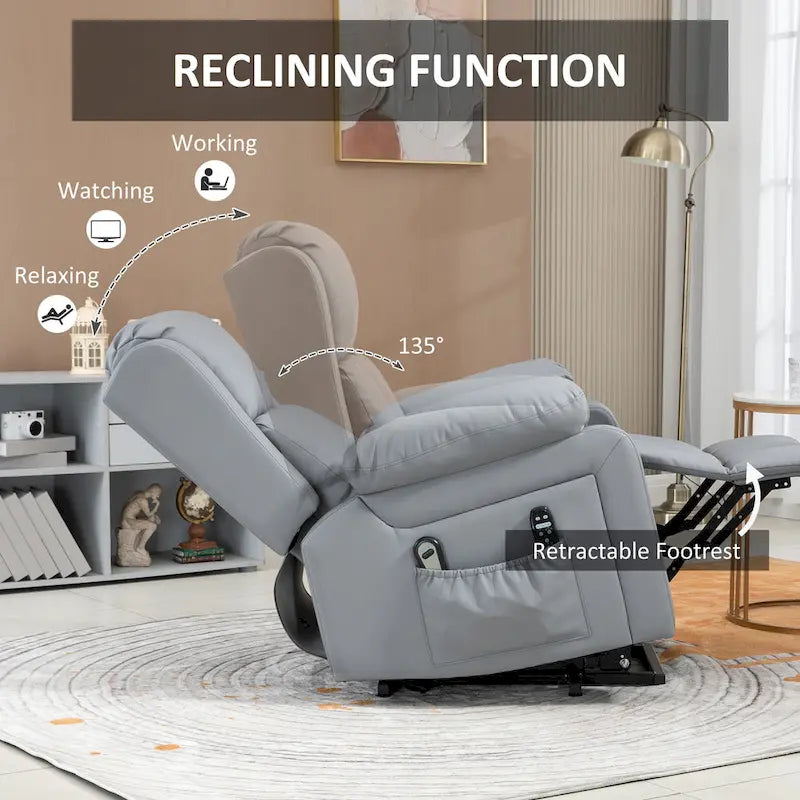 Fauteuil releveur électrique HOMCOM, Fauteuil inclinable en cuir PU pour personnes âgées avec massage par vibration, télécommande, poches latérales