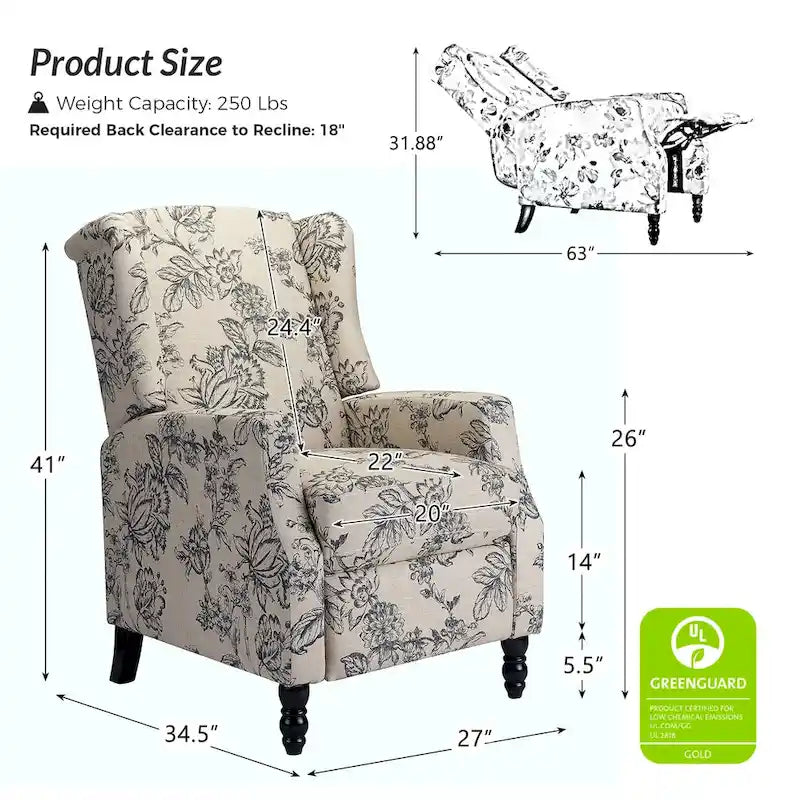 Lot de 2 fauteuils inclinables manuels Damaris Mid-Century Modern avec dossier à oreilles par HULALA HOME