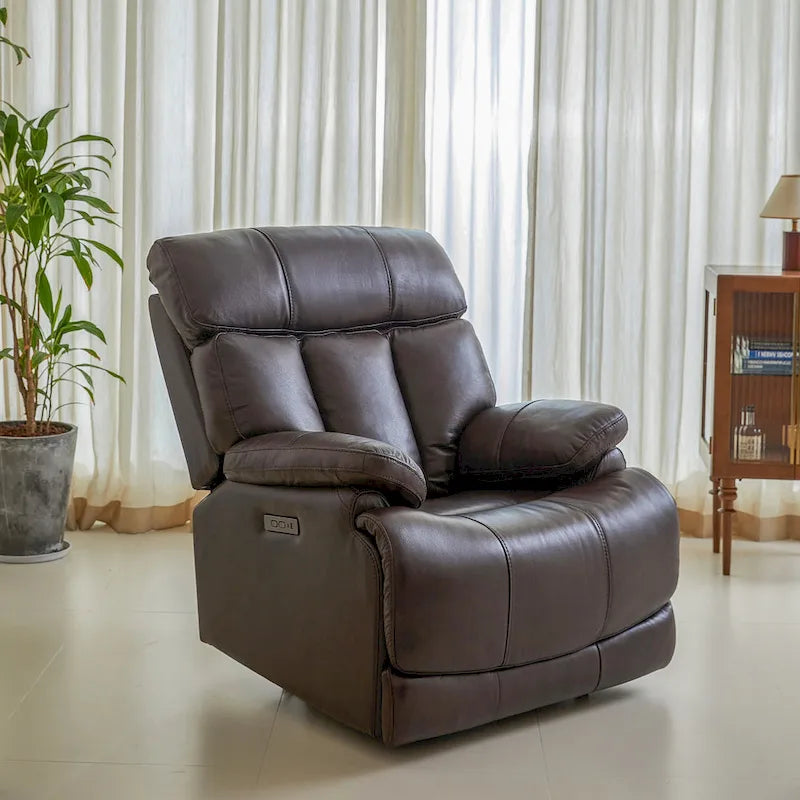 Fauteuil inclinable électrique en cuir pleine fleur avec appuie-tête réglable, repose-pieds extensible et fonction zéro gravité