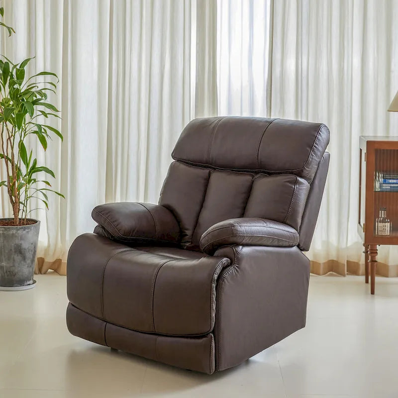 Fauteuil inclinable électrique en cuir pleine fleur avec appuie-tête réglable, repose-pieds extensible et fonction zéro gravité