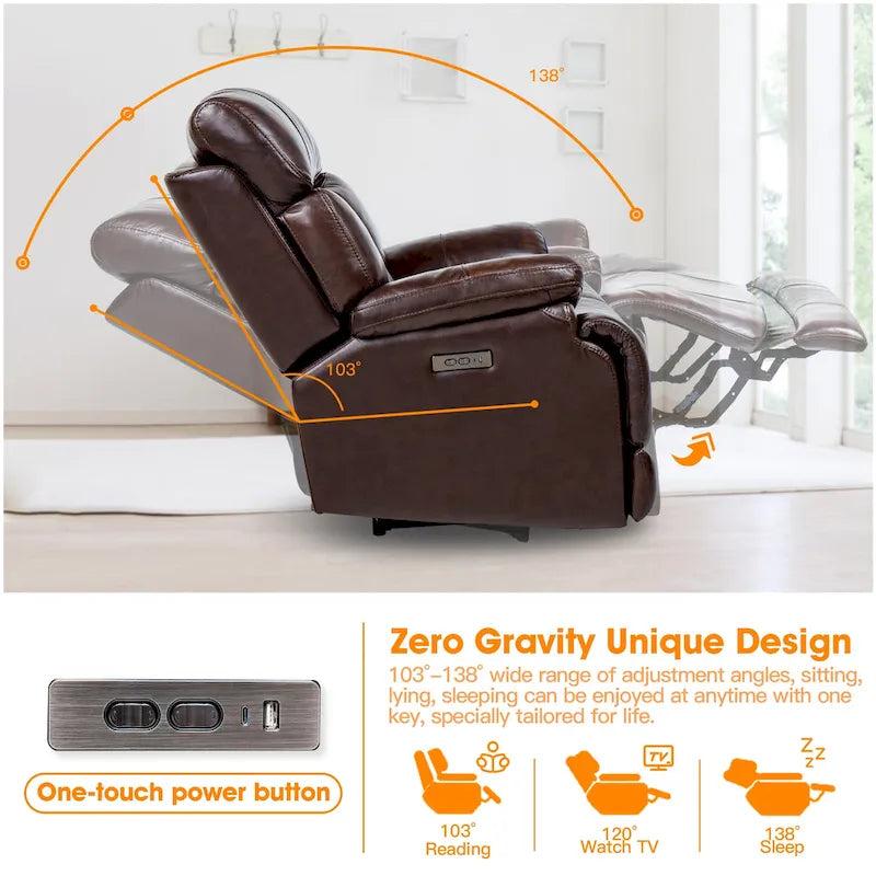Fauteuil inclinable électrique en cuir pleine fleur avec appuie-tête réglable, repose-pieds extensible et fonction zéro gravité