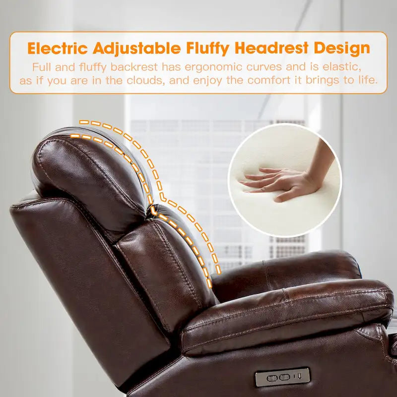 Fauteuil inclinable électrique en cuir pleine fleur avec appuie-tête réglable, repose-pieds extensible et fonction zéro gravité