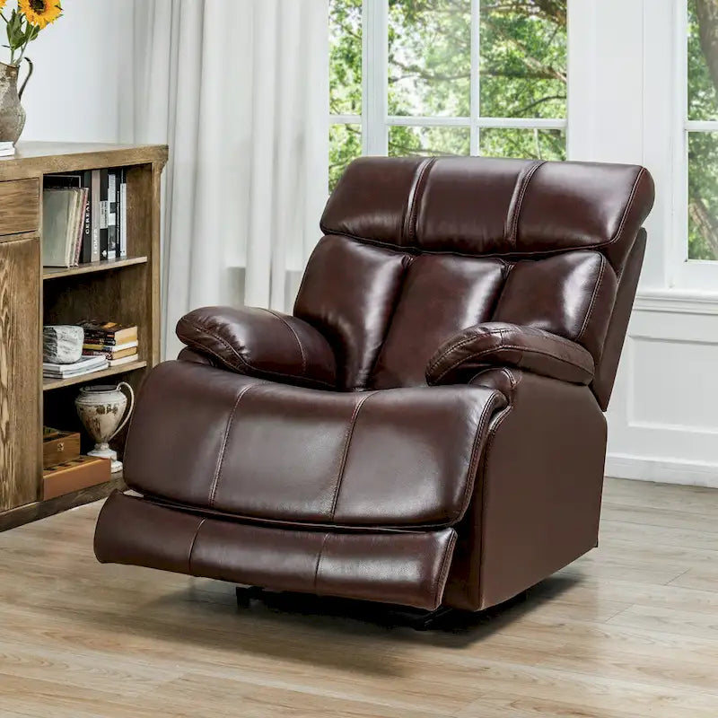 Fauteuil inclinable électrique en cuir pleine fleur avec appuie-tête réglable, repose-pieds extensible et fonction zéro gravité