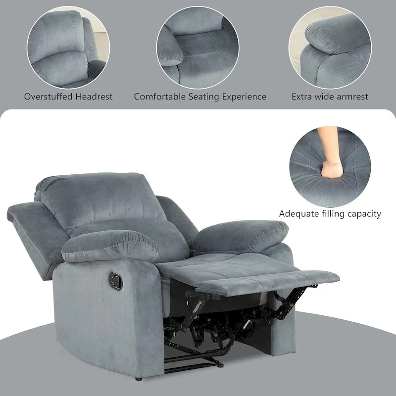 Fauteuil inclinable manuel, canapé individuel inclinable rembourré en tissu doux pour salon chambre